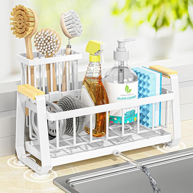 Doasuwish Sponge Holder for Kitchen Sink with Dish Brush Holder, Rustproof 304 Stainless Steel Sink Caddy for Kitchen Countertop Accessories & Storage