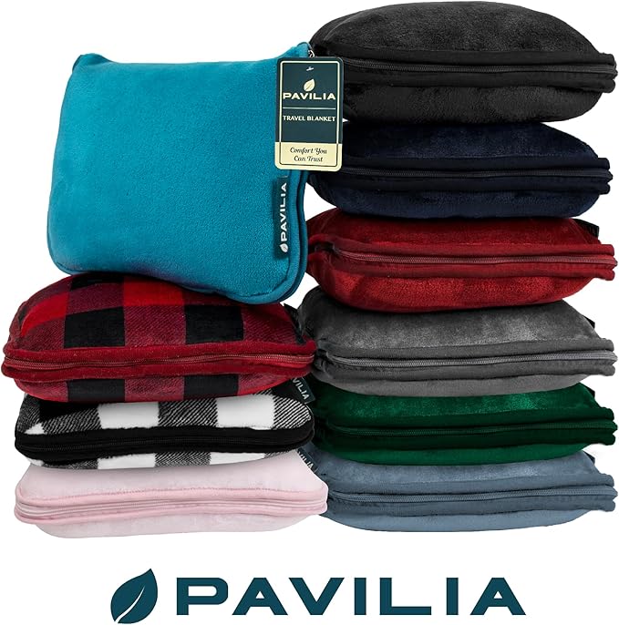 PAVILIA Travel Blanket Pillow, Soft Airplane Blanket 2-in-1 Combo Set, Plane Blanket Compact Packable, Flight Essentials Car Pillow, Travelers Gifts Accessories, Backpack Strap, 60x43 Checker White