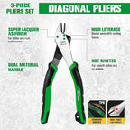 SK 3-Piece Pliers Set, 9.5-Inch Linesman, 8-Inch Diagonal & Needle Nose Pliers, High Carbon Steel, Ergonomic Anti-slip Handle, with Rolling Pouch