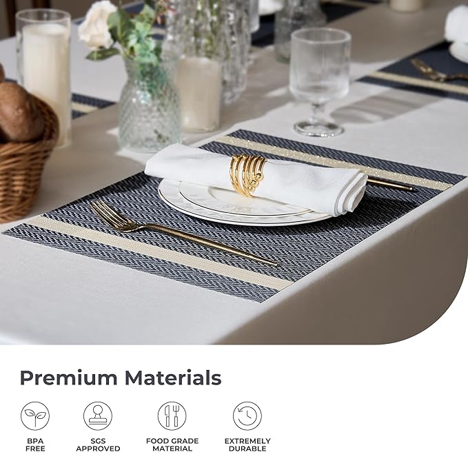 Leetaltree Luxury Dark Blue Placemats with Gold Stripes Placemats Set of 8 - Waterproof Washable for Wedding, Anniversary, Daily Use - Sparkling Table Decor - Hand-Cut