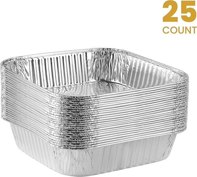 PLASTICPRO Disposable 8'' X 8'' X 2'' Inch Square Aluminum Tin Foil Baking Pans Bakeware - Cookware Perfect for Baking Cakes, Breads, Brownies, Bread, Meatloaf, Lasagna, Pack of 25