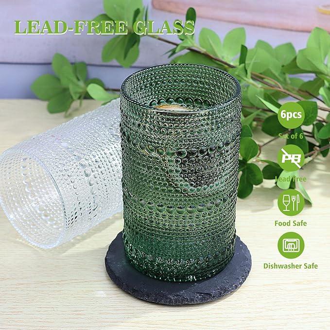 Hobnail-Drinking Glasses 13oz Vintage Glassware Sets Cocktail Juice Glasses Set of 6, Blackish Green