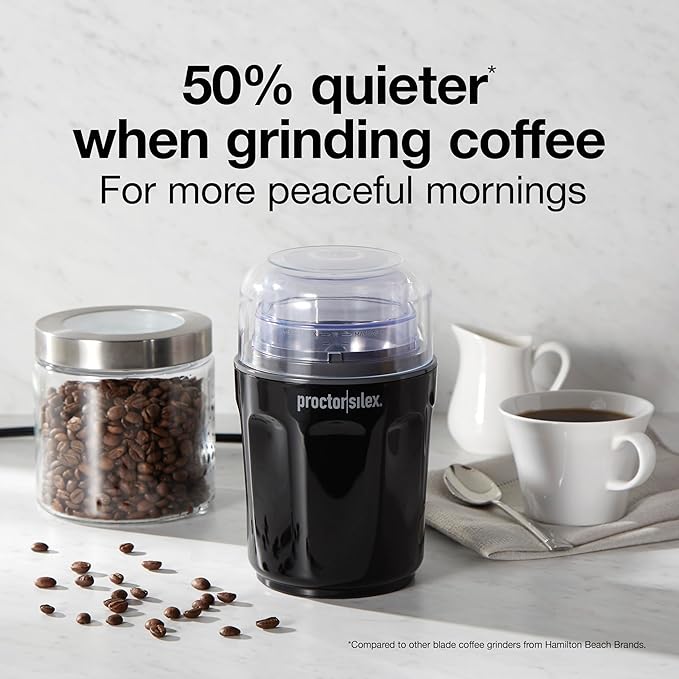 Proctor Silex Sound Shield Electric Coffee Grinder for Quiet Grinding, Stainless Steel Blades, Beans, Spices and More, 12 Cups, Black (80402)