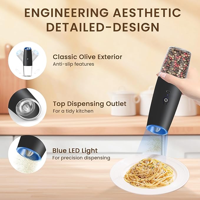 Rechargeable Electric Salt And Pepper Grinder Set, Automatic Gravity Electric Salt And Pepper Grinder Set, Adjustable Roughness, Led Light, 1 Pack, (Black)