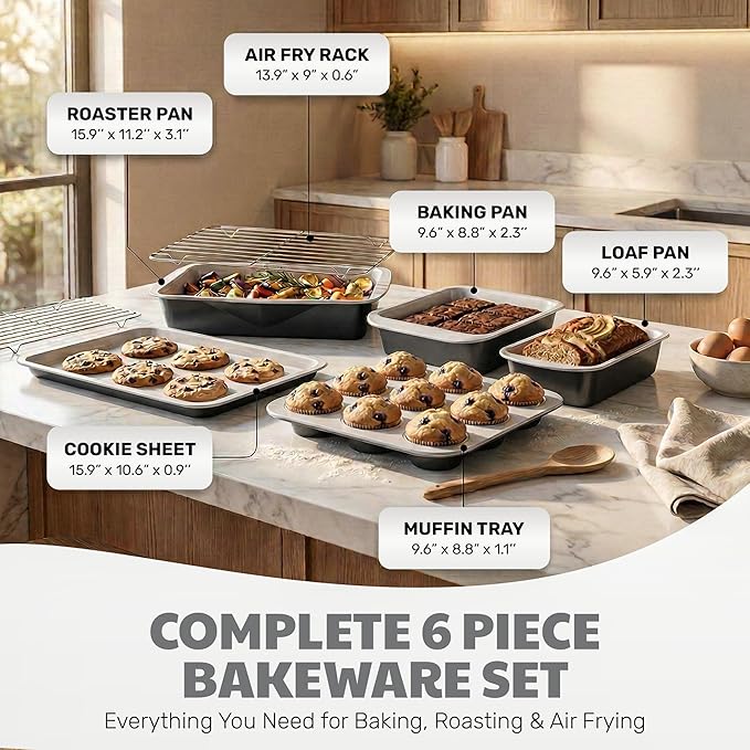 Gotham Steel 6 Pc Stackable Baking Pans Set, 70% Space Saving Design, Ceramic Bakeware Sets Non Toxic Made Without PFOA PFOS, with Cookie Sheet Tray, Cake & Muffin Pans, Oven & Dishwasher Safe
