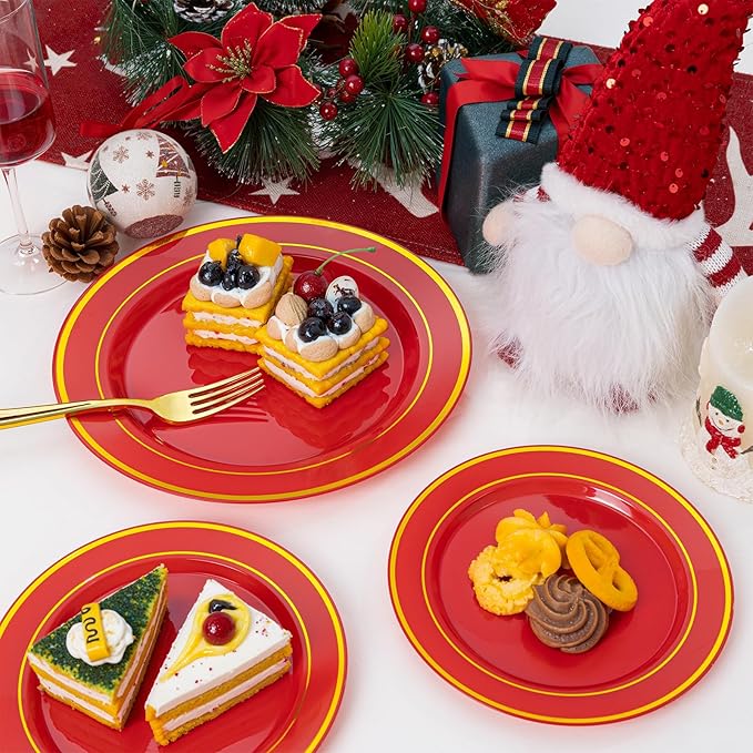 NOCCUR 200PCS Red Plastic Plates for 100 Guests - Include 100PCS 10" Dinner/ 100PCS 7" Dessert Plastic Plates Heavy Duty - Ideal for Wedding/Party/Christmas