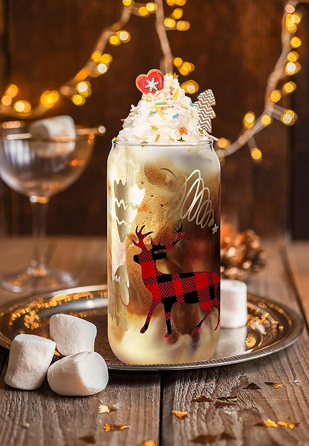 Christmas Cups, 18oz Christmas Iced Coffee Glass Cups with Lids and Straws White Elephant Gifts for Adults Colorful Xmas Tree Elk Tumbler Drinking Glasses Christmas Teacher Gifts for Women Men