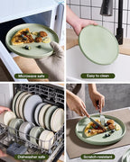 Famiware Star 24-Piece Stoneware Dinnerware Sets for 6 - Shallow Pasta Bowls & Flat Plates, Modern Rustic Reactive Glaze Dishes, Chip & Scratch Resistant, Microwave & Dishwasher Safe, Matte Sage Green