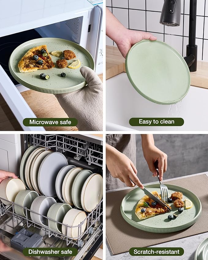 Famiware Star 16-Piece Stoneware Dinnerware Sets for 4 - Shallow Pasta Bowls & Flat Plates, Modern Rustic Reactive Glaze Dishes, Chip & Scratch Resistant, Microwave & Dishwasher Safe, Matte Sage Green