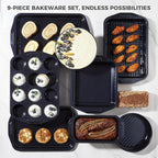 HONGBAKE 9-Piece Non Stick Bakeware Sets with Wave Texture for Reduced Grease, 0.8mm Thick Non Toxic Baking Pans Set, Includes Stackable Cookie Sheets for Oven Cooking, Shimmer Blue