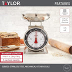 Taylor Mechanical Kitchen Food Scale with Bowl, Weighs Up to 11lbs, Measures in Grams and Ounces, Analog Cooking Scale for Baking, Black and Silver