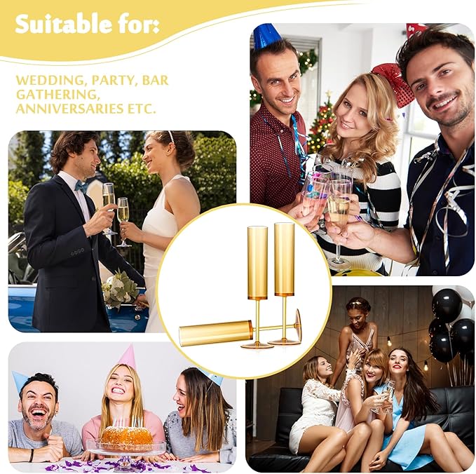 12 PCS Amber Glass Champagne Flutes 5.4 Oz Long Stem Champagne Flutes Plastic Acrylic Champagne Glasses Colored Sparkling Wine Glasses Reusable For Luxury Party Wedding Bar Birthday Use