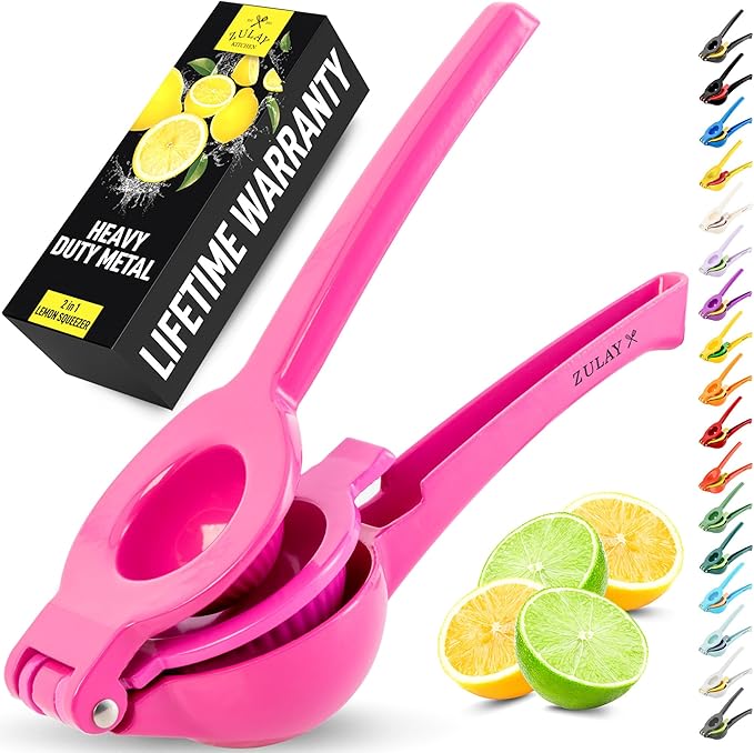 Zulay Kitchen Metal 2-in-1 Lemon Squeezer - Sturdy Max Extraction Hand Juicer Lemon Squeezer Gets Every Last Drop - Easy to Clean Manual Citrus Juicer - Easy-Use Lemon Juicer Squeezer - Dragonfruit
