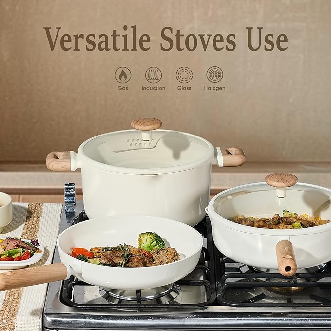 CAROTE Ceramic Cookware Set Nonstick, 21pcs Pots and Pans Set Nonstick, Non-Toxic & PFAS-Free, Dishwasher, RV/Camping Cookware Set, Cooking Pots with Lids, Charcoal Black, Cream