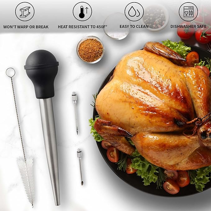 Zulay Kitchen Stainless Steel Turkey Baster for Cooking - Food Grade Metal Baster Syringe & Silicone Suction Bulb - Large Size With 2 Detachable Needles and Cleaning Brush