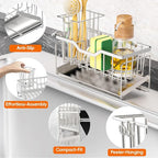 StorageRight Kitchen Sink Caddy Organizer, Rustproof Sponge Holder for Kitchen Sink, Instant Dry High Brush Holders with Drain Tray, Anti-Slip Sink Storage Organization Essentials, Silver