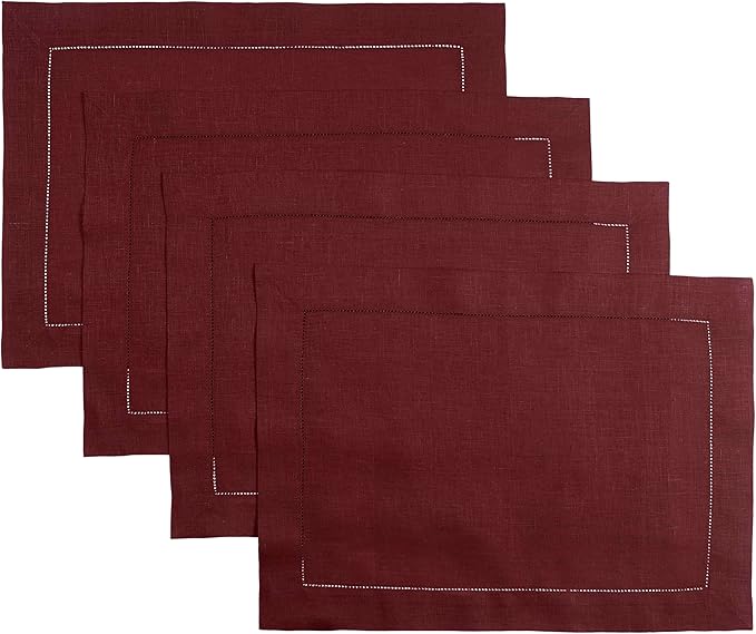 D'Moksha Homes Linen Placemats Set of 4 - Classic Hemstitch Dark Red Placemats 14 x 19 Inch - 100% Pure Linen Table Mats for Valentines, Holiday, New Year - Handcrafted and Machine Washable