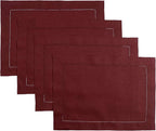 D'Moksha Homes Linen Placemats Set of 4 - Classic Hemstitch Dark Red Placemats 14 x 19 Inch - 100% Pure Linen Table Mats for Valentines, Holiday, New Year - Handcrafted and Machine Washable