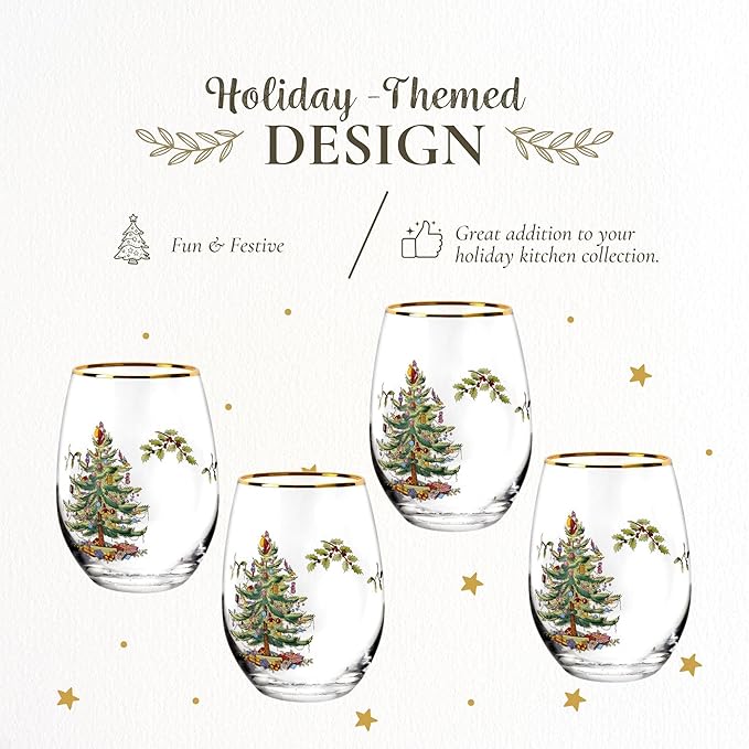Spode Christmas Tree 19oz Stemless Wine Glasses, Set of 4 - Vintage-Inspired Holiday Drinkware with Cozy Seasonal Charm, Ideal for Mulled Wine at Festive Gatherings & Holiday Entertaining