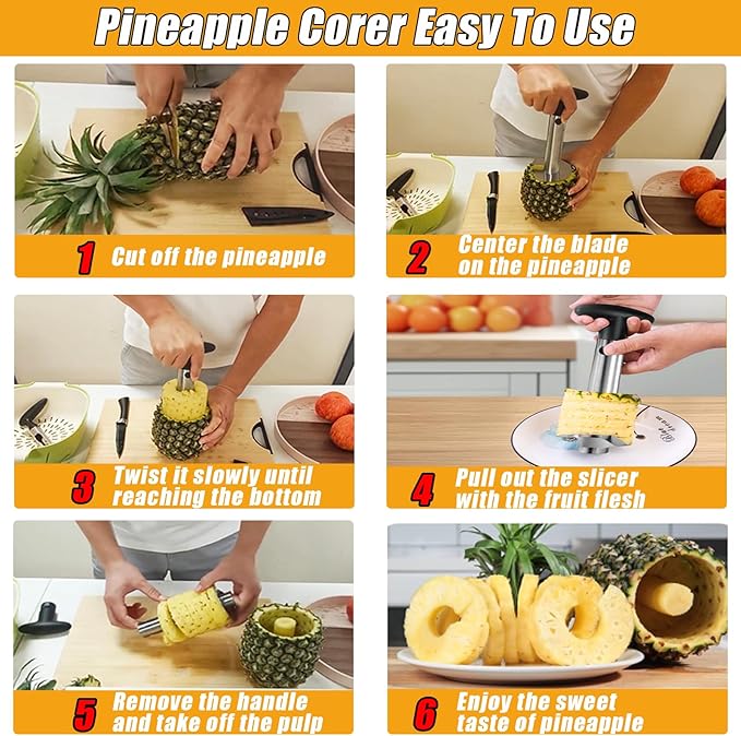 Pineapple Corer and Slicer, Stainless Steel Pineapple Cutter and Corer, Upgraded Pineapple Peeler and Apple Corer Tool with Pineapple Core Remover for Corer Tool Kitchen (Black)