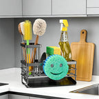 Cisily Sink Caddy with Smiley Face Sponge Holder for Kitchen with Brush Holder and Stainless Steel Self Drain Tray, Rustproof Kitchen Sink Organizer, Soap Dispenser Storage Accessories (Black)