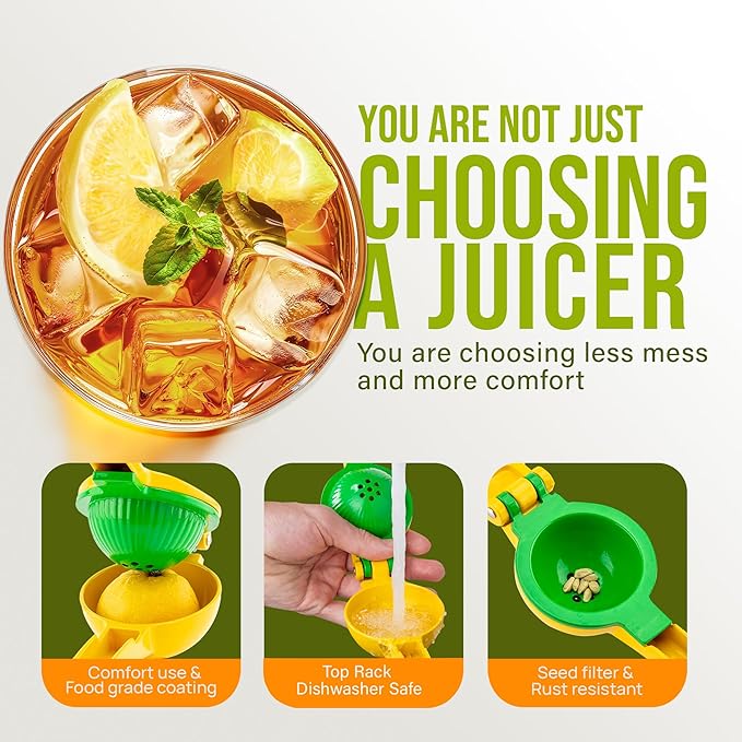 Zulay Kitchen Metal 2-in-1 Lemon Squeezer - Sturdy Max Extraction Hand Juicer Lemon Squeezer Gets Every Last Drop - Easy to Clean Manual Citrus Juicer - Easy-Use Lemon Juicer Squeezer - Yellow/Green