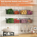 4 Pack EXTRA LARGE Hanging Wall Mount Storage Baskets With Divider, Metal Wire Basket With 4 Strong Adhesive Hooks +5 S Hooks,Organizing Wall Shelf for Home Kitchen Bathroom Pantry Garage RV, Black