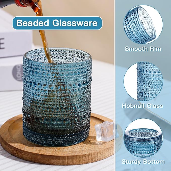 JOVGANK Colored Vintage Hobnail Drinking Glasses Set of 6, Embossed Water Tumbler 12oz, Kitchen & Bar Beaded Glass Cups, Beverage Glass Cups for Water, Beer, Juice, Housewarming and Mother's Day Gift
