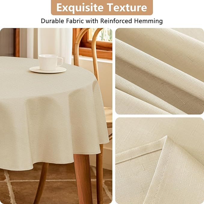 Fabric Beige 60 Inch Round Table Cloth, Faux Linen Textured Water Resistant & Wipeable Circle Tablecloth, Anti-Scratch for Dinning Kitchen Patio