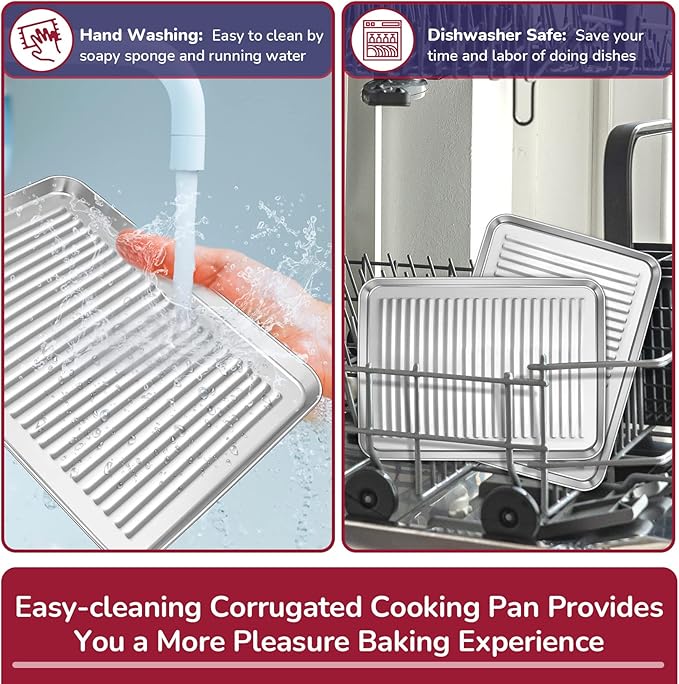 P&P CHEF 9 x 7 x 1 Inch Mini Toaster Oven Pan, Stainless Steel Small Baking Pan Oven Tray for Cooking & Roasting, Corrugated Bottom, Healthy & Sturdy, Dishwasher Safe - 2Pcs
