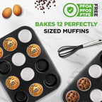 NutriChef Muffin Pans for Baking 2-Pack | Nonstick 12 Mold Cupcake Tins | Carbon Steel Stackable Cup Cake Trays | Dishwasher & Oven Safe | Includes 100 Parchment Paper Liners | 13 x 10 x 1 | Black