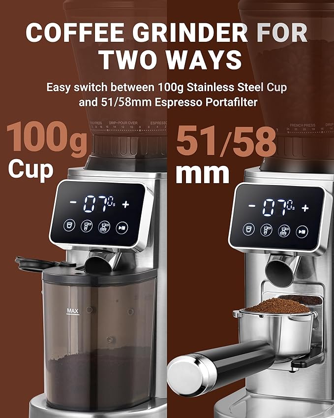 AMZCHEF Coffee Grinder, Coffee Bean Grinder for Home Use with Precise Grinding, LED Control Panel, Detachable Funnel Stand, Anti-static Design, 48 Grind Settings, Silver