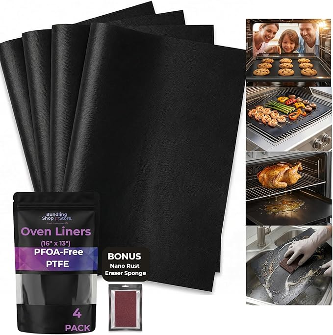 4-Pack Oven Liners (16" x 13") – Heavy Duty 0.4mm PFOA-Free PTFE Non-Stick Sheets for Gas & Electric Ovens, Baking & Grilling – Includes 1 Bonus Nano Rust Eraser Sponge