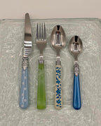 The Original Brink House Eclectic Blue Green Mix & Match Stainless Steel Cutlery Set / 16 pieces with Metal Stand/Lifestyle utensils set for home, first apartment, dorm, dinner parties