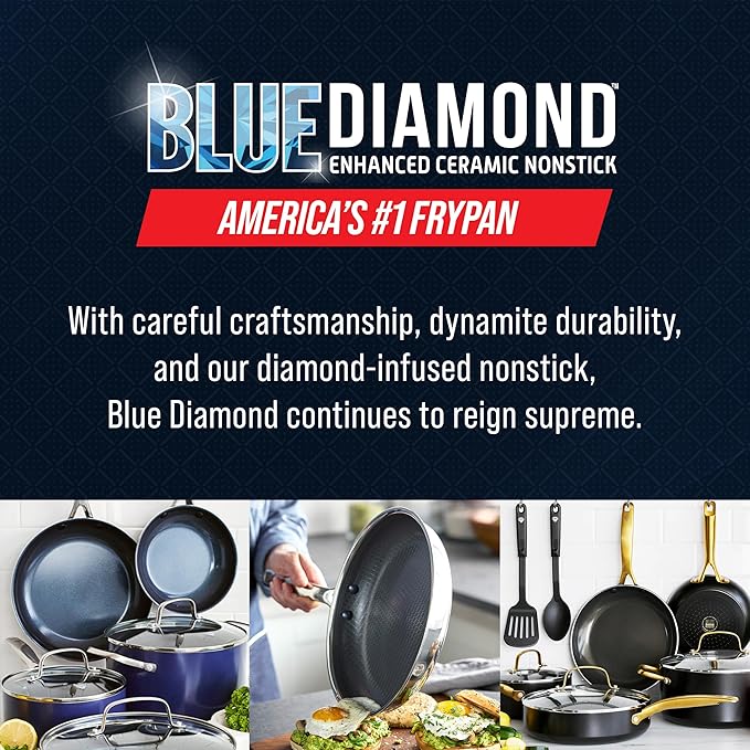 Blue Diamond Hybrid Nonstick Stainless Steel 16 Piece Cookware Set, Tri-Ply PFAS-Free Ceramic Diamond Bond Pots & Pans, Dishwasher & Oven Safe to 850F, Induction Ready, Metal Utensil Safe, Silver