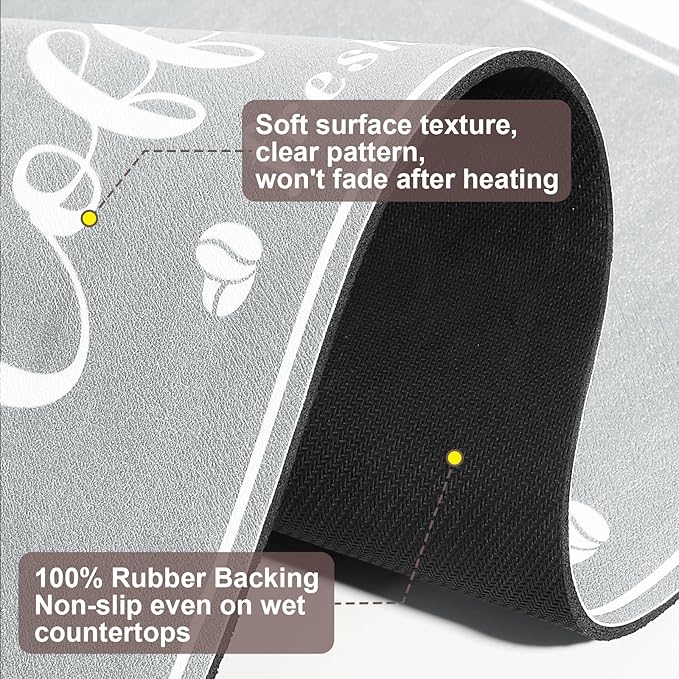 CooRug Absorbent Coffee Mat, Fashion Dish Drying Mat for Kitchen Counter Coffee Bar Accessories Espresso Machine Dish Rack 16" x 24" Light Grey