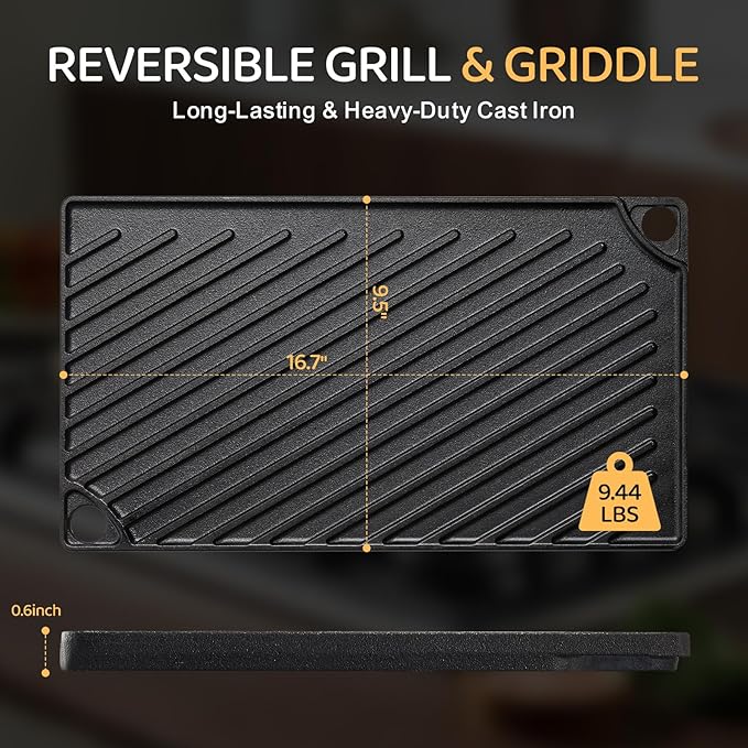 EWFEN Reversible Grill/Griddle, 16.7x9.5'' Pre-Seasoned Cast Iron Griddle Pan, Double Burner Cookware, Rectangular Non-Stick Stovetop Griddle with Handles, Flat Top Plate for Oven, Grill & Campfire