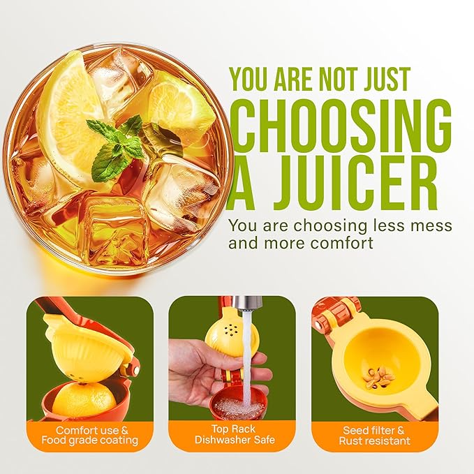 Zulay Kitchen Metal 2-in-1 Lemon Squeezer - Sturdy Max Extraction Hand Juicer Lemon Squeezer Gets Every Last Drop - Easy to Clean Manual Citrus Juicer - Easy-Use Lemon Juicer Squeezer - Red/Yellow