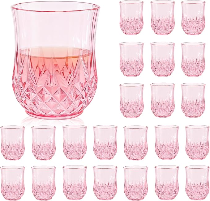 24 Pack Plastic Stemless Wine Glasses,12oz Unbreakable Vintage Elegant Drinking Glass Set,Reusable Fancy Cocktail Cups for Party, Wedding, and Bulk Events (24, 12oz-Pink)