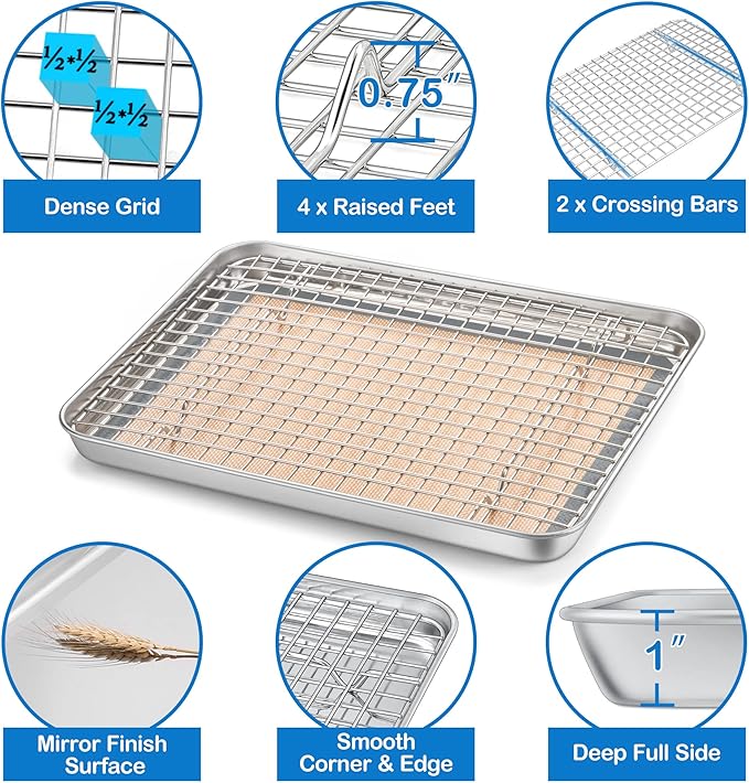 P&P CHEF 12.5 x 9.7 x 1 Inch Toaster Oven Pan with Grid Rack and Silicone Mat, Stainless Steel Toaster Oven Tray Baking Pan with Cooling Roasting Rack, Dishwasher Safe (3Pcs)