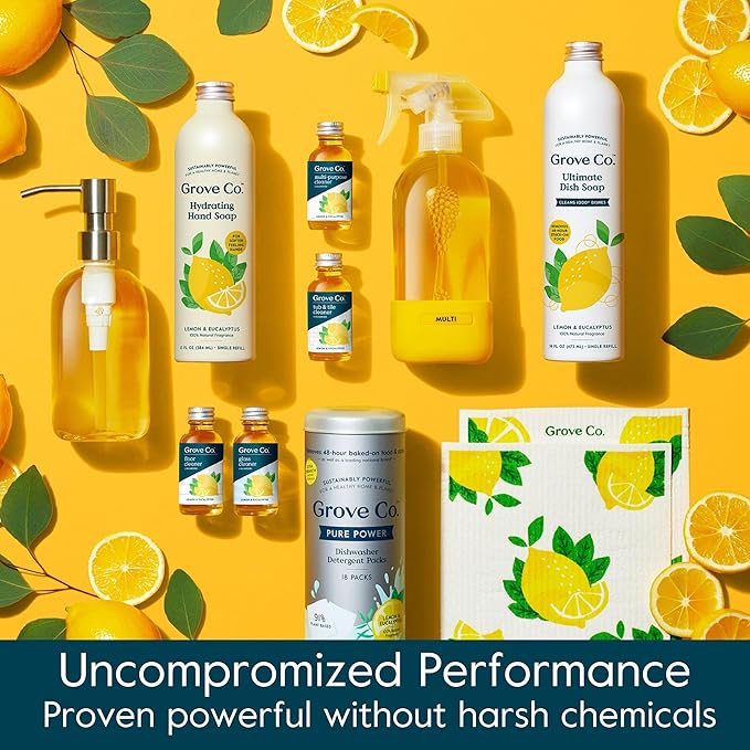 Grove Co. Tub and Tile Cleaner, Refill Concentrate (6 x 1 Fl Oz) Plant-Based Household Cleaning Supplies, No Plastic Waste, 100% Natural Lemon & Eucalyptus Fragrance, 3 x 2 Pack Refills