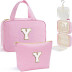 YOOLIFE Travel Toiletry Bag for Women - Hanging Toiletry Bag Makeup Bag, Portable Toiletries Travel Bag and Cosmetic Bag Essentials - Letter Y, Pink