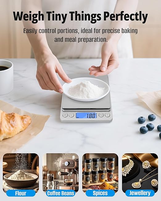 NEXT-SHINE Gram Scale 500g x 0.01g Precision, Digital Mini Pocket Size Portable Scale with Two Trays Nine Units, LCD Display Stainless Steel Platform for Weighing Jewelry Cooking Baking