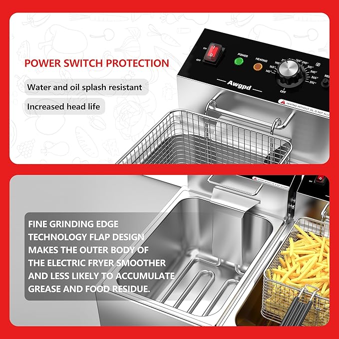 Commercial Deep Fryer,3400W Electric Deep Fryers with Baskets Thickened Stainless Steel Countertop Oil Fryer,10L X 2(21.3QT) Electric Countertop Fryer for Restaurant and Home Use