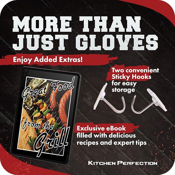 KITCHEN PERFECTION Silicone Smoker Oven Gloves-Extreme HeatResistant BBQ Gloves-Handle Hot Food Right on Your Grill BBQ Fryer&Pit|Waterproof Grilling Cooking Baking Mitts|Superior Value Set+3 Bonuses