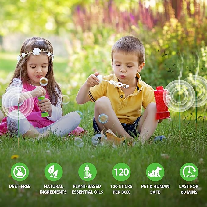 BugBai® Mosquito Repellent Outdoor Patio 120 PCS, Citronella Oil Mosquito Incense Sticks Indoor Home Pet Family Safe, Natural Plant-Based Bug Insect Barrier for Yard Garden Lawn Camping Fishing