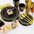 WELLIFE 300 PCS Black and Gold Dinnerware Set for 50 Guests, Disposable Plastic Plates for Party, Gold rimmed Plastic Dinner Plates,Salad Plates,Cups,Silverware Set for Halloween Party Supplies