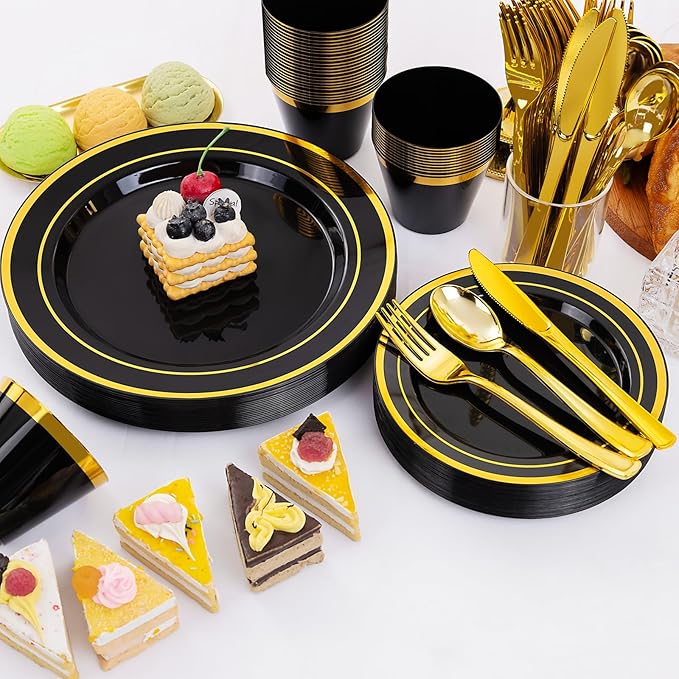 WELLIFE 150 PCS Black and Gold Disposable Dinnerware Set, Plastic Plates for Party, Including 25 Dinner Salad Plates, Cups, Forks Knives Spoons for Halloween and Party Supplies