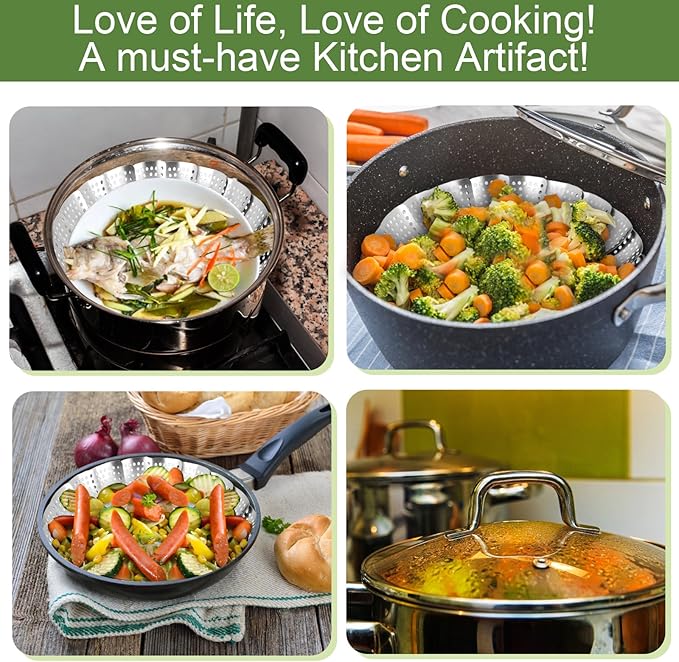 Steamer Basket for Cooking – Premium 304 Stainless Steel Steamer Basket, 3rd Gen Folding Expandable Steamers, Suitable for Cookware Pot, Fit for Fish Vegetables Pasta Eggs (Small (5.5“ to 9.05”))