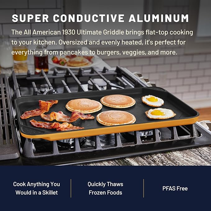 All American 1930 - Ultimate Flat Griddle with Ceramic Non-Stick Coating - Saffron Orange - Durable & PFAS Free - For Easy, Prep, Cooking, & Cleaning - Made in the USA